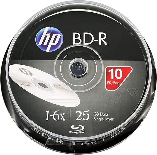 HP Bluray BDR 25GB Premium Recordable Disc Cake Box Spindle 6X Speed (Pack of 10)