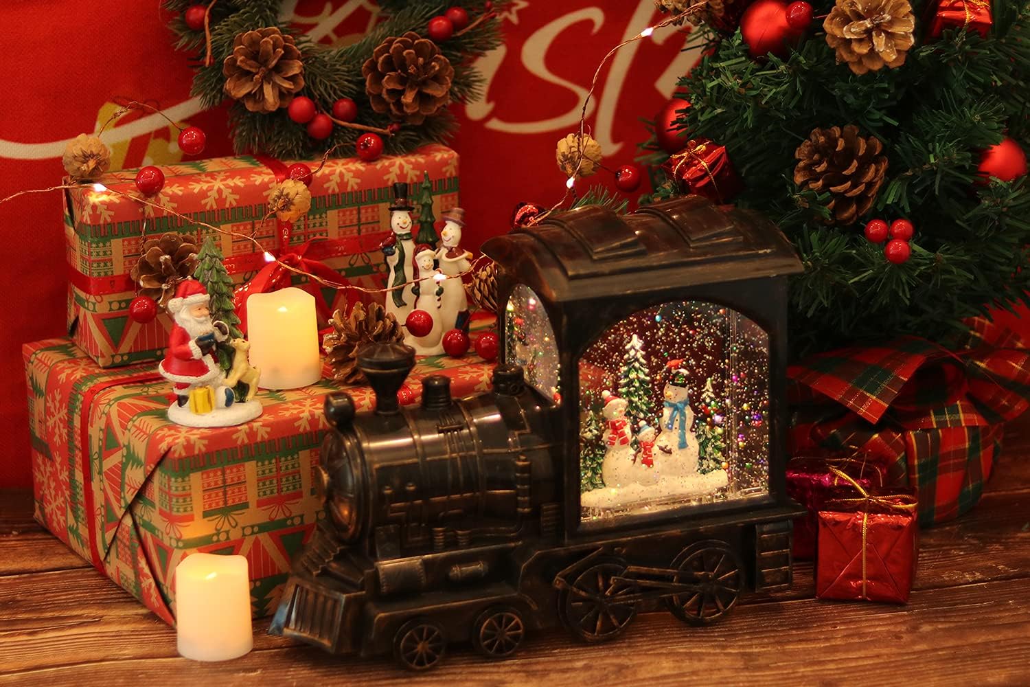 DRomance Christmas Musical Snow Globe Lantern Battery Operated with 6 Hour Timer, Snowman Lighted Snow Globe Train Spinning Water Swirling Glitter Christmas Decoration Gifts(10.6 x 4.3 x 8.3 Inches)