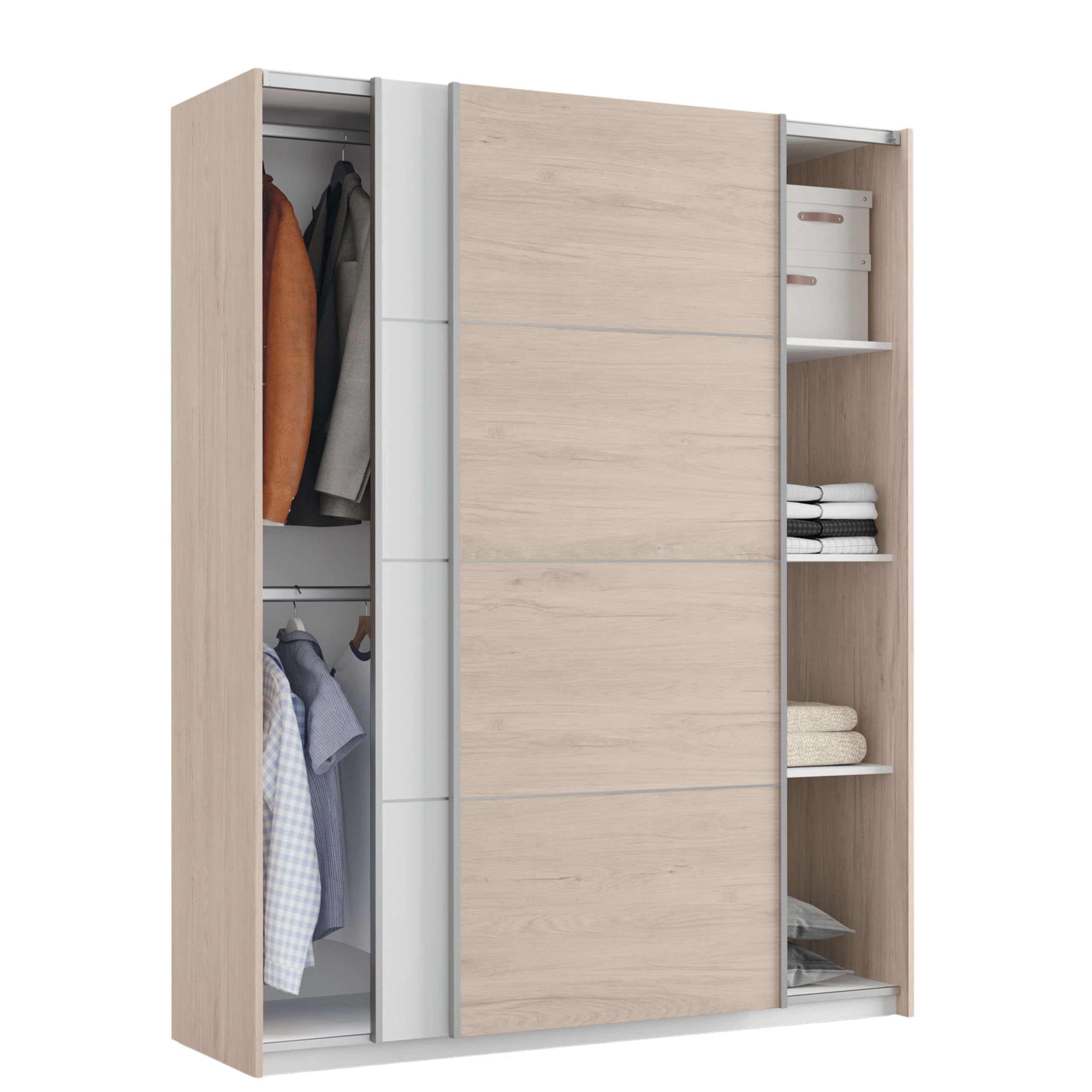 MUEBLES PITARCH | Armario Dormitorio Ropero 2 Puertas Correderas Perfil Aluminio 2 Barras, Blanco y Roble Aurora, 200x150x62cm (Alto x Ancho x Fondo), Moderno, Modelo Onix
