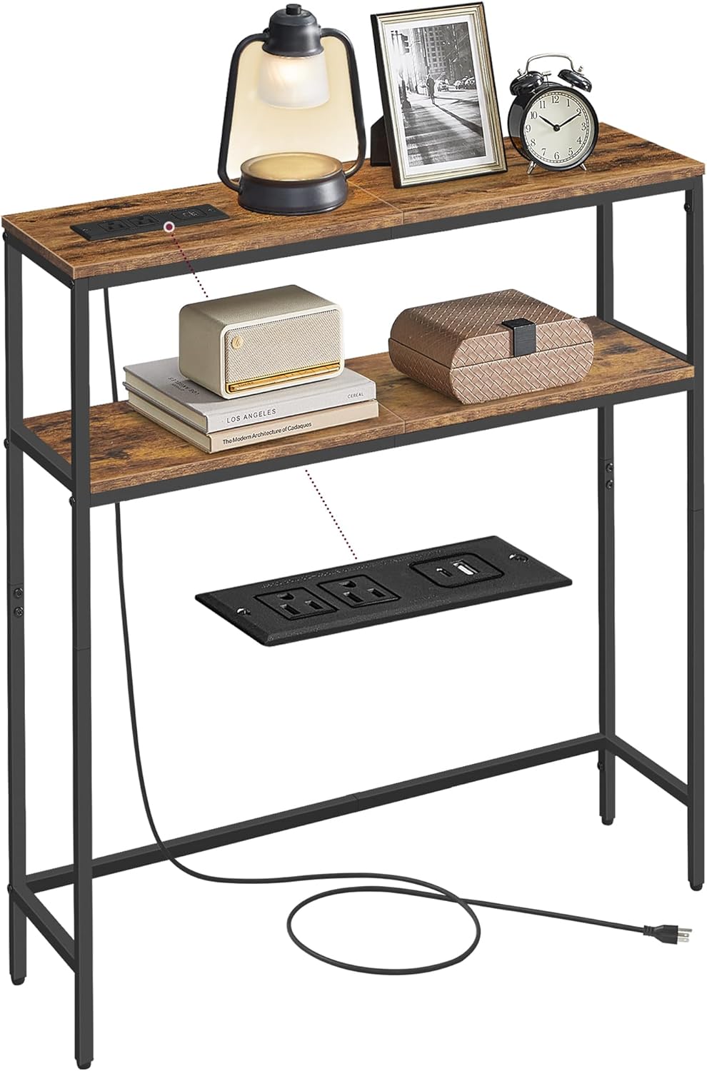 VASAGLE Console Table with Power Outlet, showing the table with a lamp, clock, and picture frame on top, and the power strip visible.