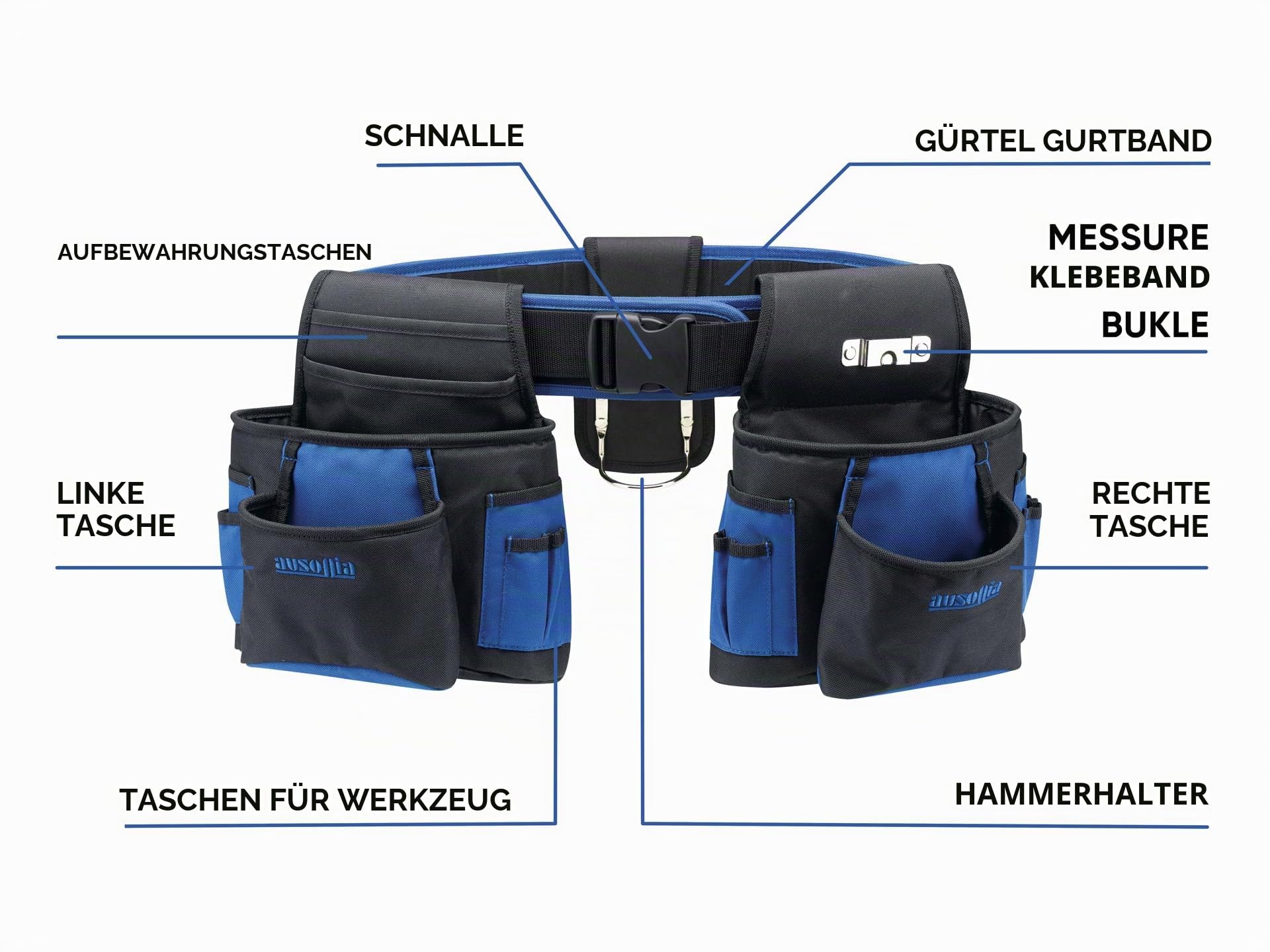 Ausonia - 48267 Ausonia Werkzeuggürtel Werkzeugtasche mit 2 Aufbewahrungstaschen und Schlaufe für einen Hammer