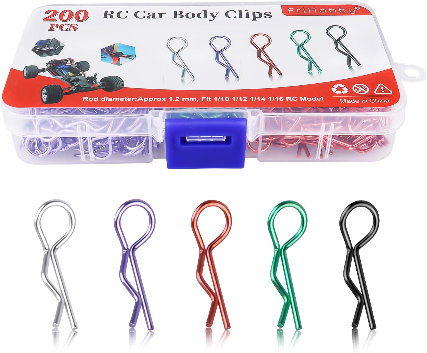 200 PCS Universal Bent RC Body Clips Colorful R Clips for All 1/10-1/16 Scale for Traxxas Redcat HPI Tamiya HSP Exceed RC Car Parts Crawler Truck Buggy Shell Replacement, 1.2 mm Rod