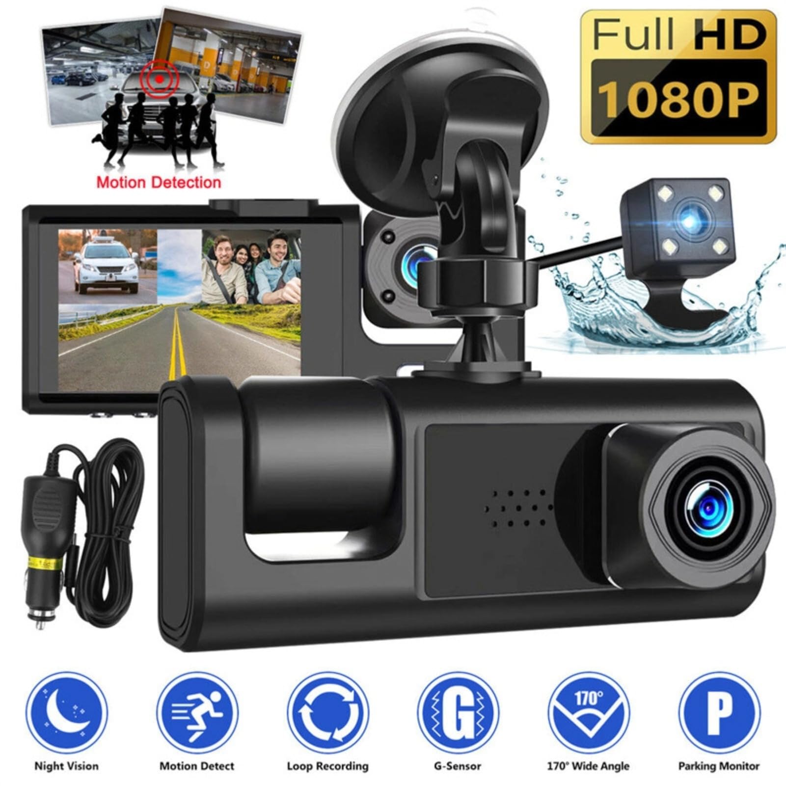 Kamera Samochodowa o Wysokiej Rozdzielczości 1080P, Trójkierunkowa, Duży Szeroki Kąt, Nagrywanie Wewnątrz i na Zewnątrz Samochodu z Obrazem w Obrazie, łatwa Instalacja, Obsługa