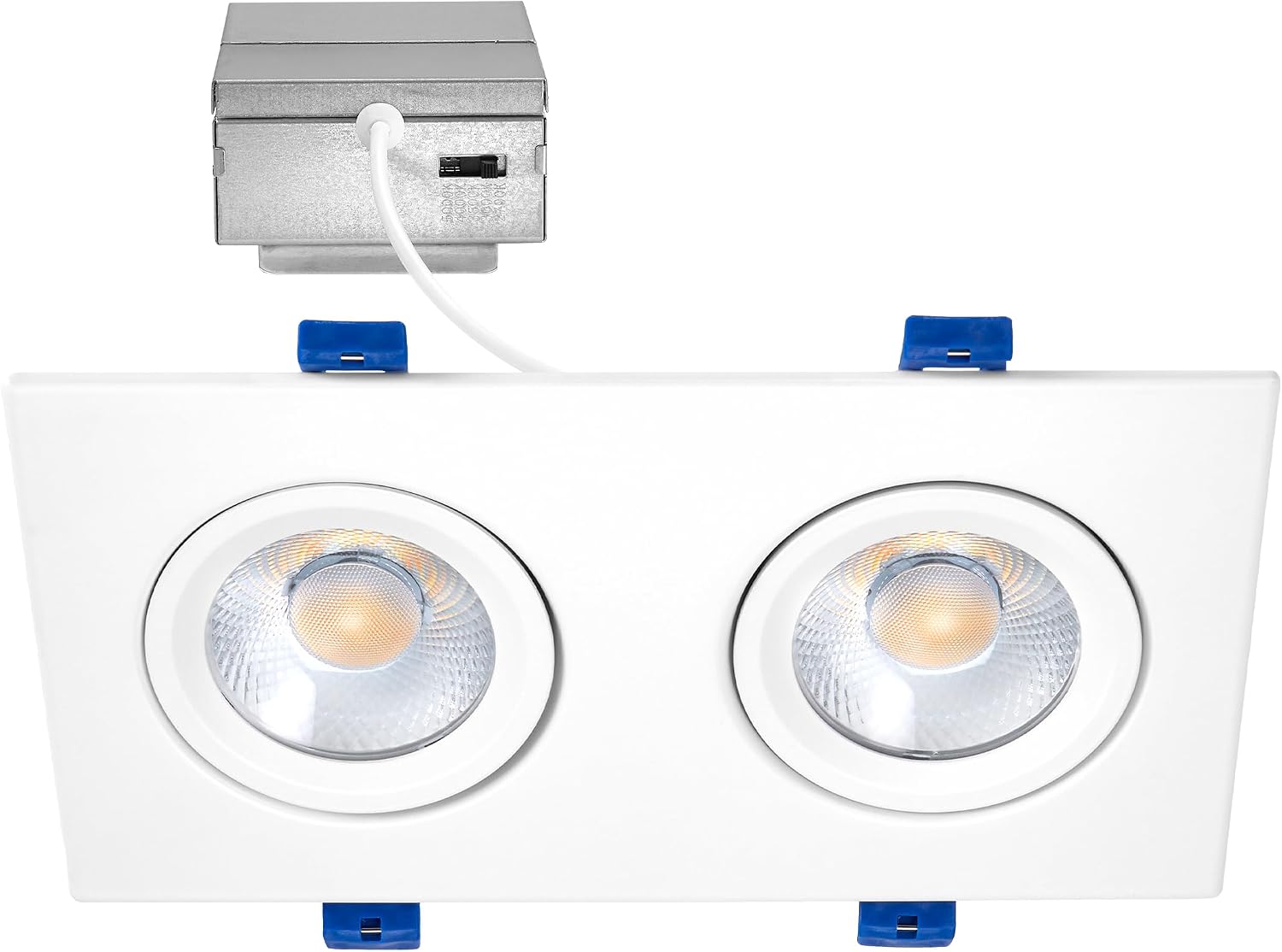 Maxxima 4 inch Two Head Slim Square Recessed LED Floating Gimbal Downlight, Canless IC Rated, 2000 Lumens 5 Color Temperature Selectable 2700K/3000K/3500K/4000K/5000K Dimmable 80 CRI J-Box Included