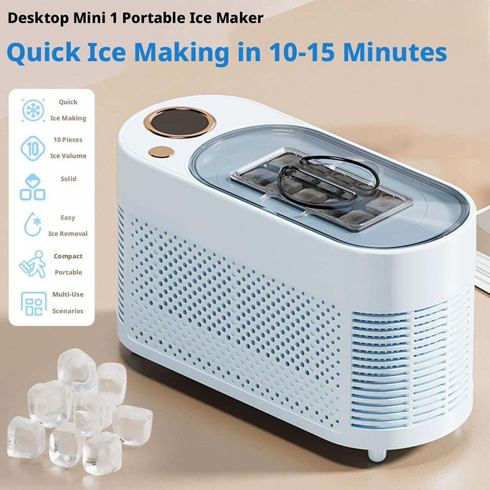 Mini Máquina Para Hacer Cubitos, Máquina Para Hacer Hielo Portátil, Fabricación de Hielo Rápida de Doble Potencia, Compatibilidad con Automóvil de 12 V, 8 Cubitos de Hielo en 10 Minutos Para el blue