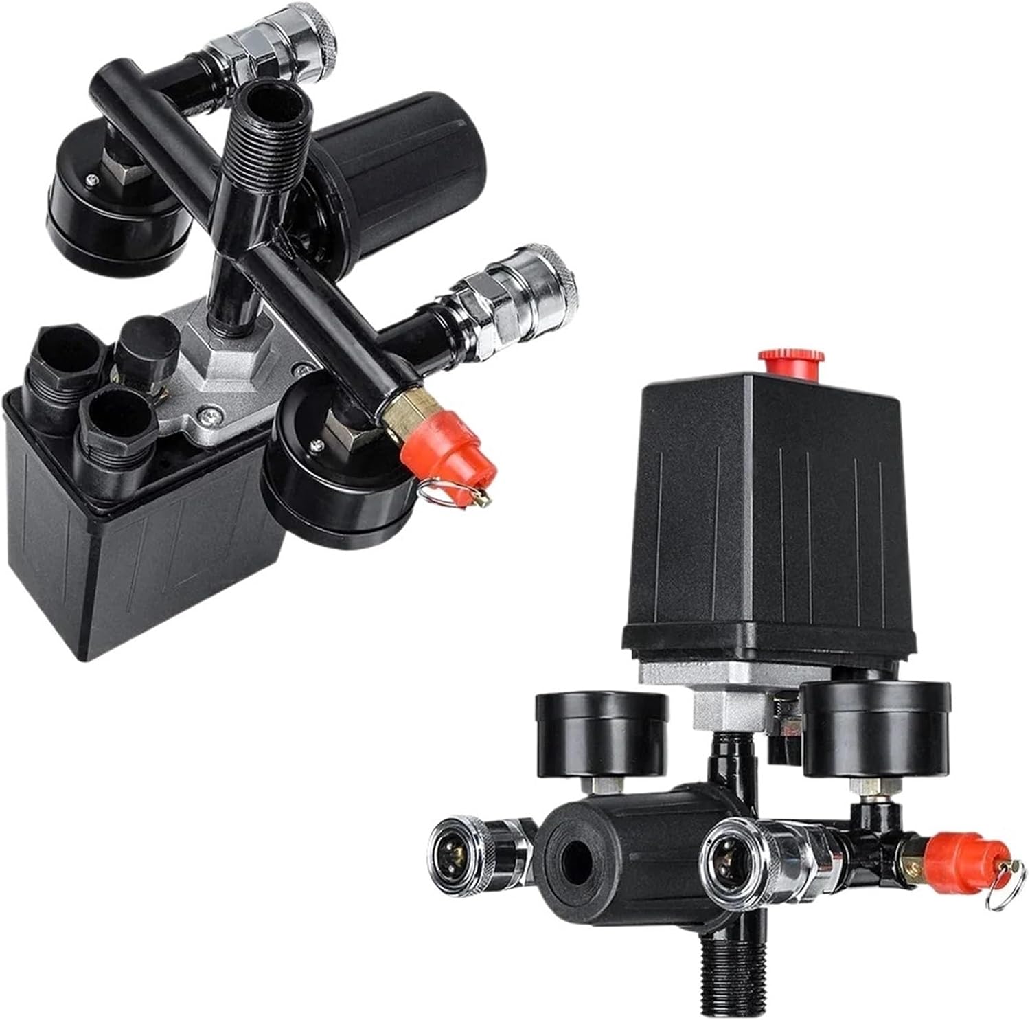 4 Port Air Compressor 220v/380v All Black Bracket with Switch Manifold Pressure Regulator Aluminum Alloy Safety Pressure Valve(220V,JP Fittings)