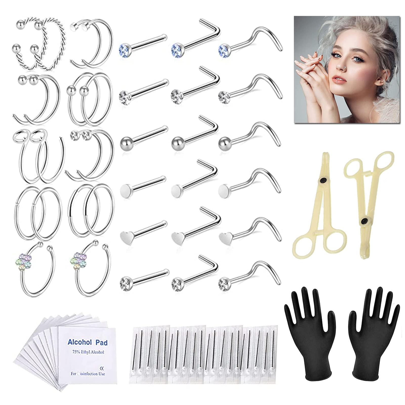 Nose Piercing Kit-NAQASE 60Pcs 20G Nose Rings Nose Studs Nose Piercing  Jewelry Kit With Stainless Steel Body Piercing Needles Piercing Clamps For  Nose - Main Image