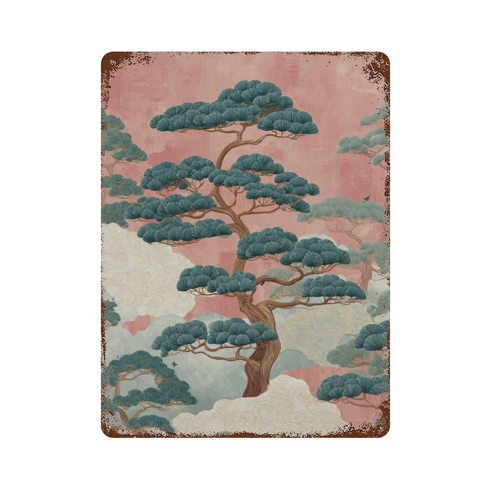 xiaoxiaoshen Japanese Pine Tree Misty Landscape Asian Botanical Wall Decor Art Metal Tin Poster Modern Home Decor Art Home Bar Shop Decorations Vintage Sign 40x30cm