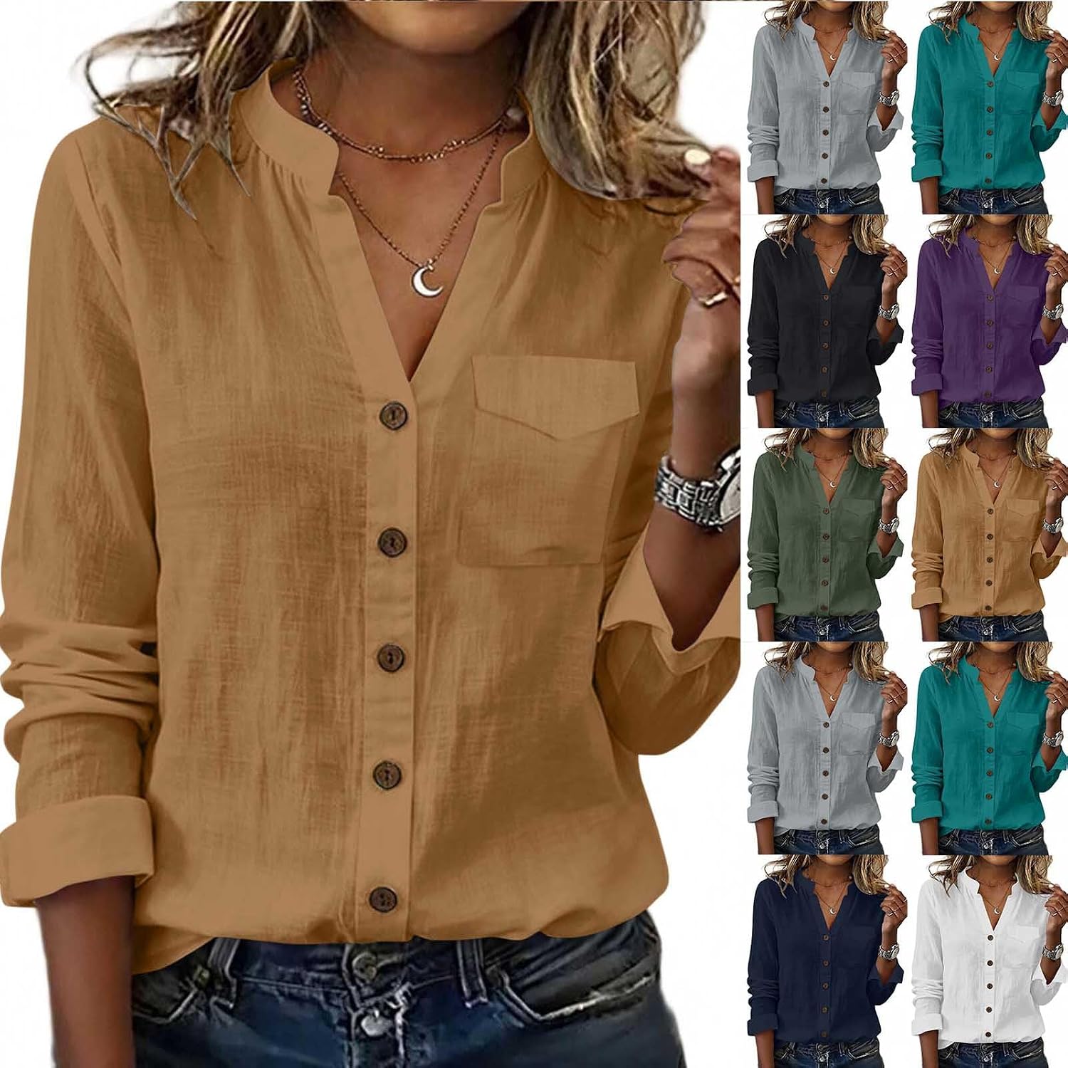 Womens Summer Long Sleeve Button Up Shirts Linen or Cotton Tops with Pockets Collarless Casual Dressy Elegant Blouse