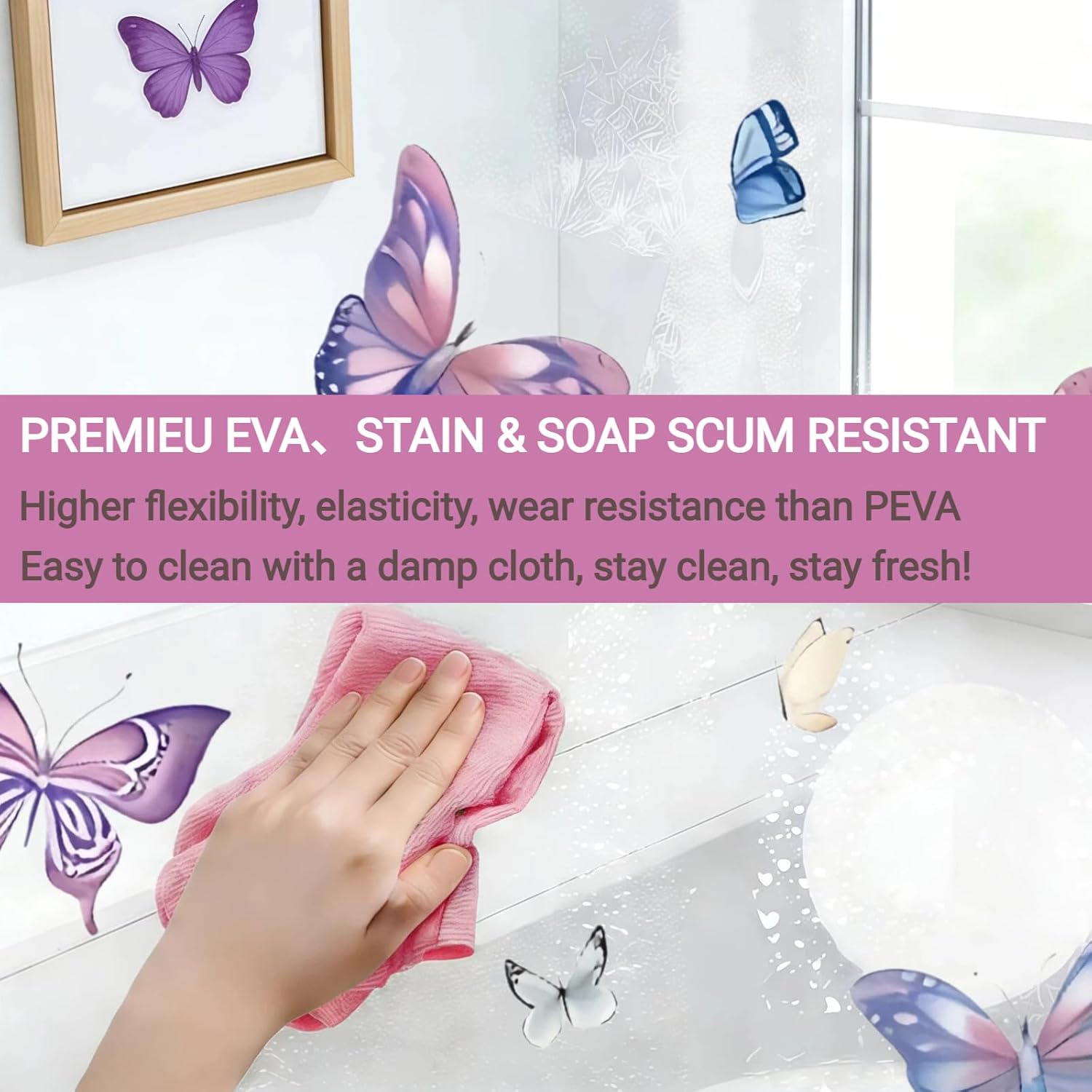 Clear Butterfly Shower Curtain Liner, Colorful Plastic Transparent Pretty Shower Curtains for Bathroom, 72x78 Weighted Magnetic Shower Curtain Set with 12 Hooks