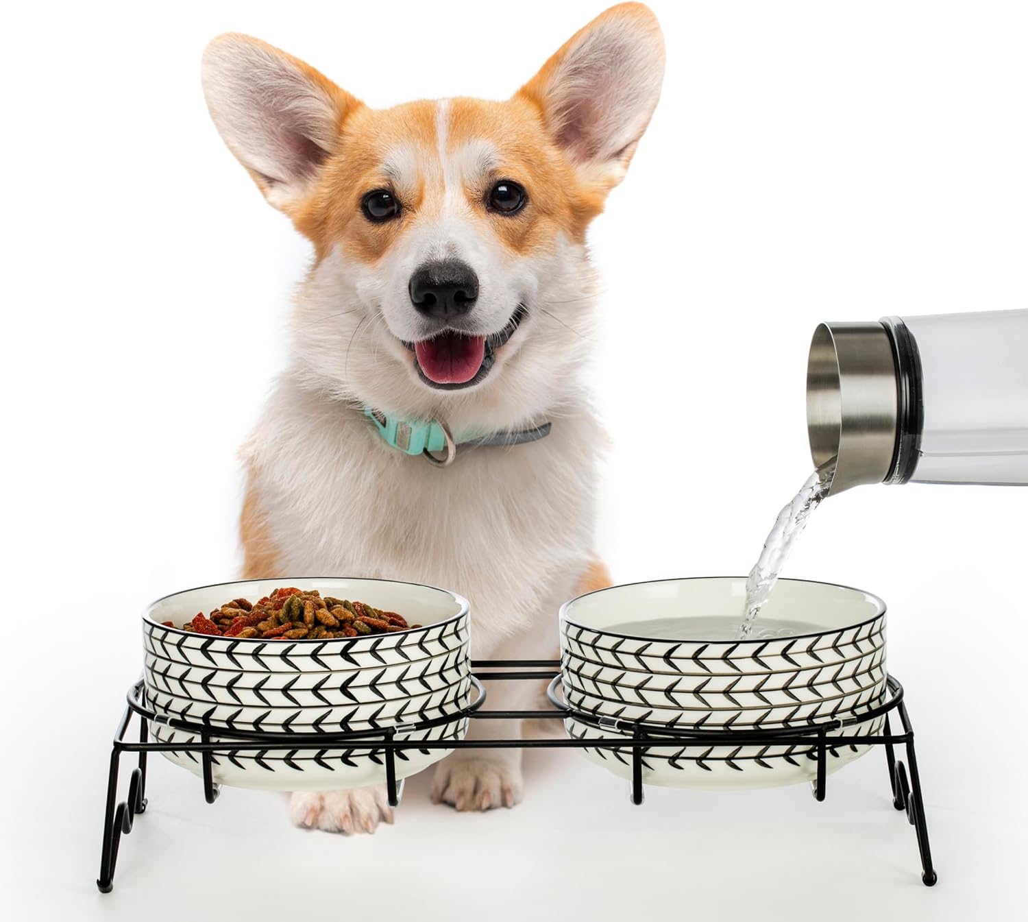 Signature Housewares Ceramic Pet Bowl Set - Food Water Bowls for Dogs and Puppies, Large Cats with Sturdy Metal Stand - Set of 2 6in. Bowls, 32 oz Each