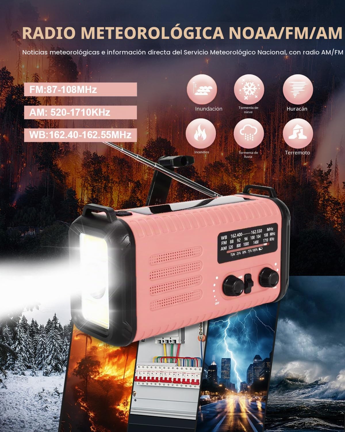 Radio Kurbel de 20000 mAh, radio de notificación solar portátil con amplificador AM/FM, alarma SOS, lámpara de luz LED y lámpara de bolsillo, notificación de caída (Rosa)
