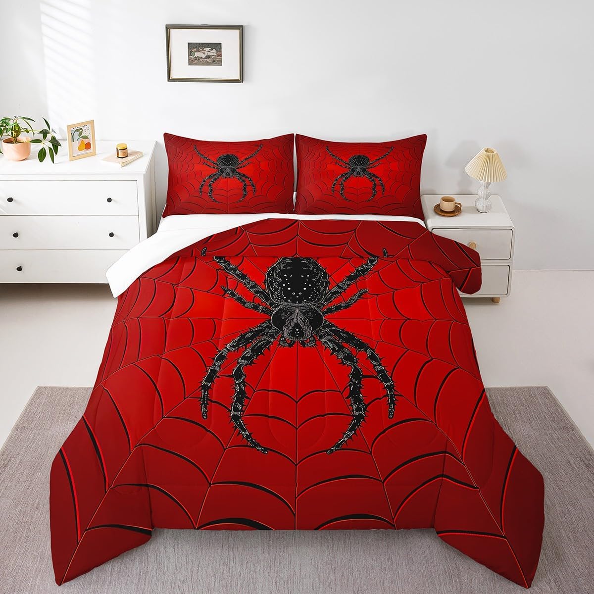 Halloween Spiders Bedding Set Queen Giant Spider Halloween Decorations,Spider Web Halloween Quilt Red Black Cobwebs Comforter Set Jungle Wildlife Duvet Insert,Vintage Gothic Spiderweb Room Decor