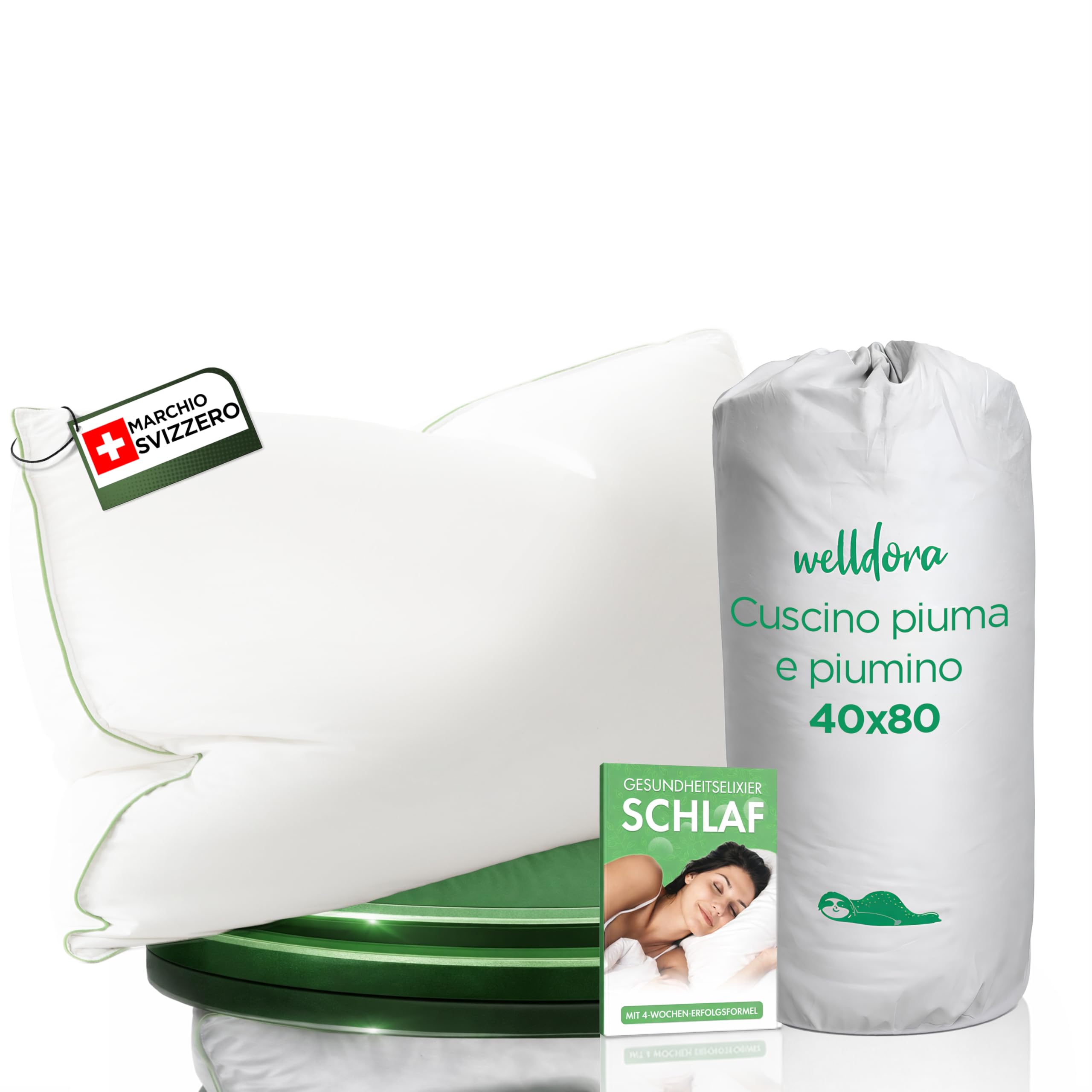 Welldora Cuscino 40x80 Alta Qualità | Cuscino Piuma d’Oca e Piumino 100% Naturali | Guanciale Cervicale Ergonomico 3 Camere Medio Duro Scientificamente Testato, Certificato Oeko-Tex. in Germania