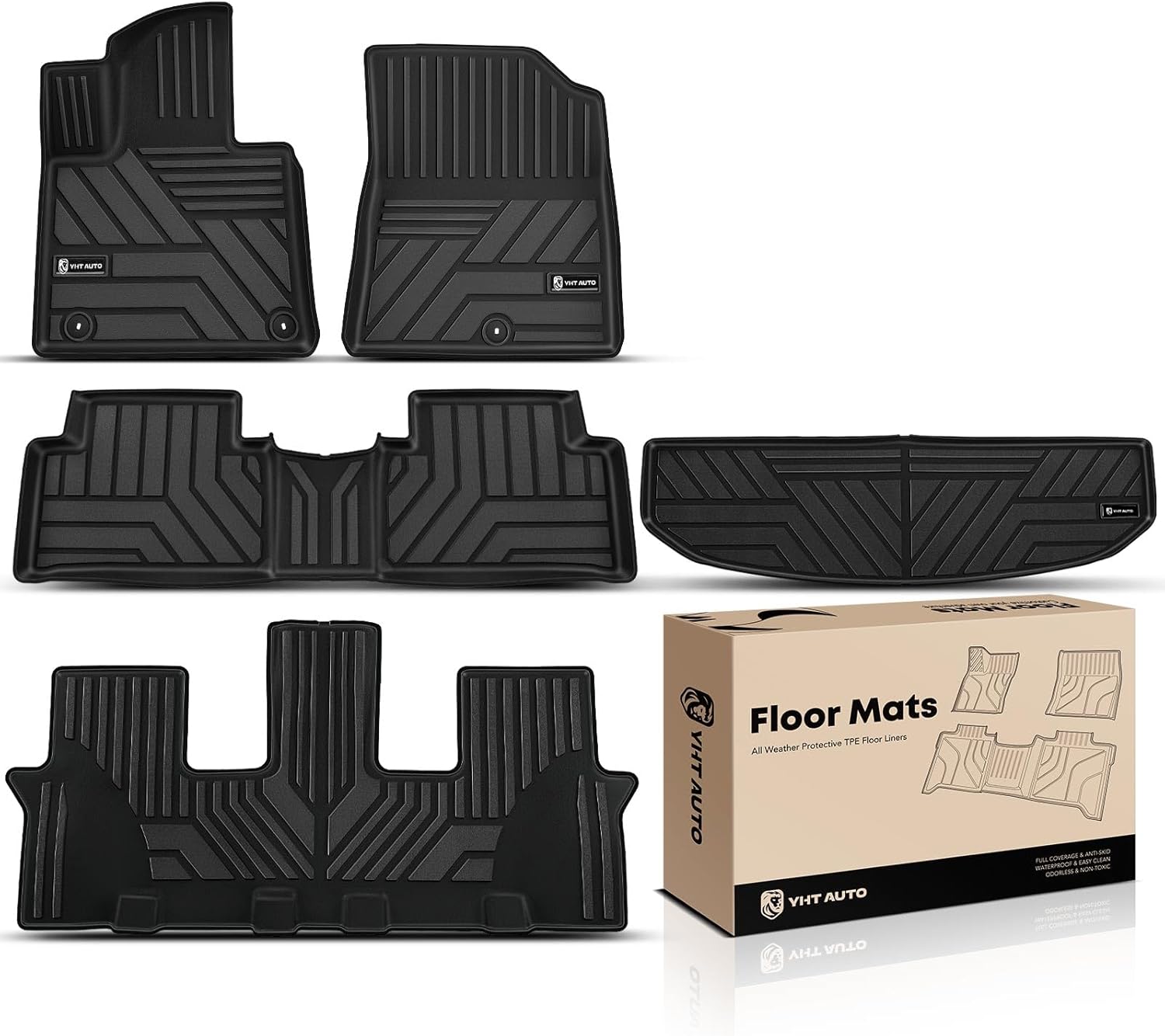 YHTAUTO Floor Mats & Cargo Mat Compatible with Kia Sorento 2021-2025, TPE Floor Liners All-Weather Protection Custom Fit, 1st & 2nd & 3rd Row & Trunk Mat, Set of 5