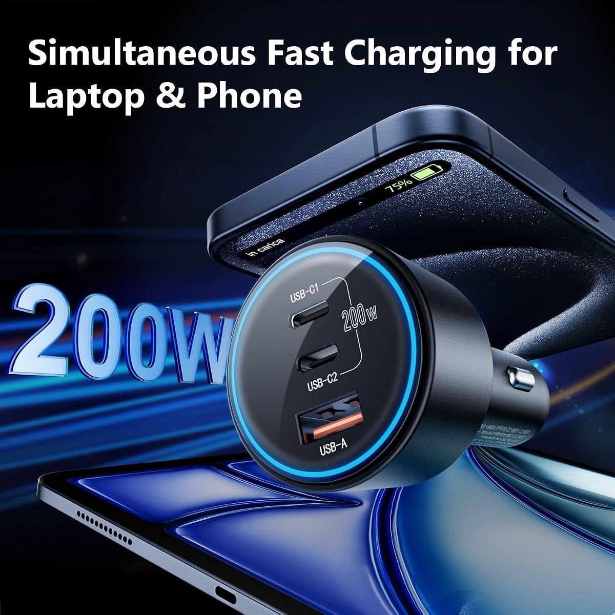 USB C Car Charger Fast Charging 200W, Dual PD 100W Type C Car Charger， image 1