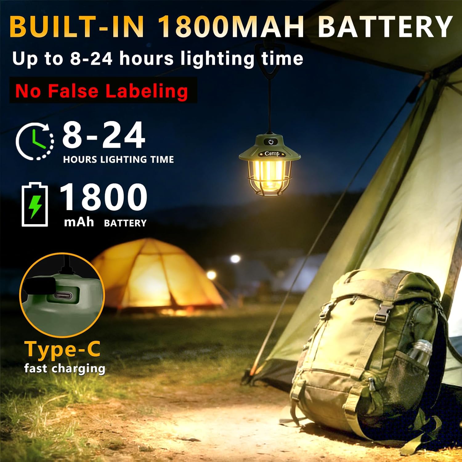 1200 Lumens Camping Lantern, Rechargeable LED Tent Light with 4 Light Modes, USB Portable Outdoor Flashlight for Camping, Hiking, Emergencies, Power Outages, SOS（Black）