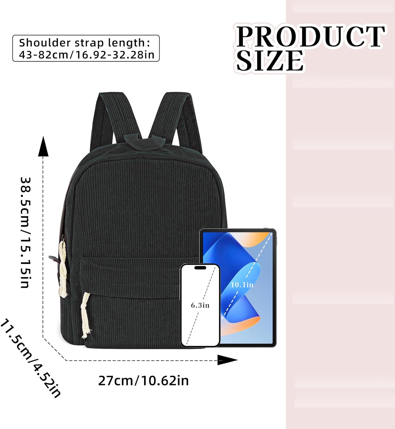 Corduroy Backpack, Lightweight Travel Backpack Large Capacity 15 Inch Laptop Backpack Purse Casual Travel Daypacks for Women (Black) - Image 2