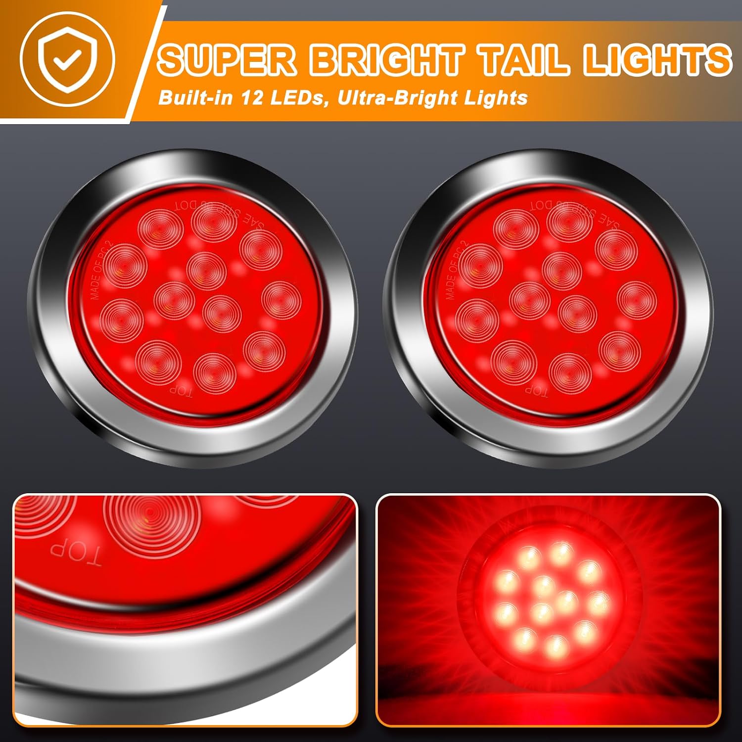 4Pack 4" Round Red LED Trailer Tail Lights, 12 LED Stop Brake Turn Signal Running Lights with Rubber Grommets & 3-Prong Wire Pigtails, 12V for Truck RV Boat UTE UTV