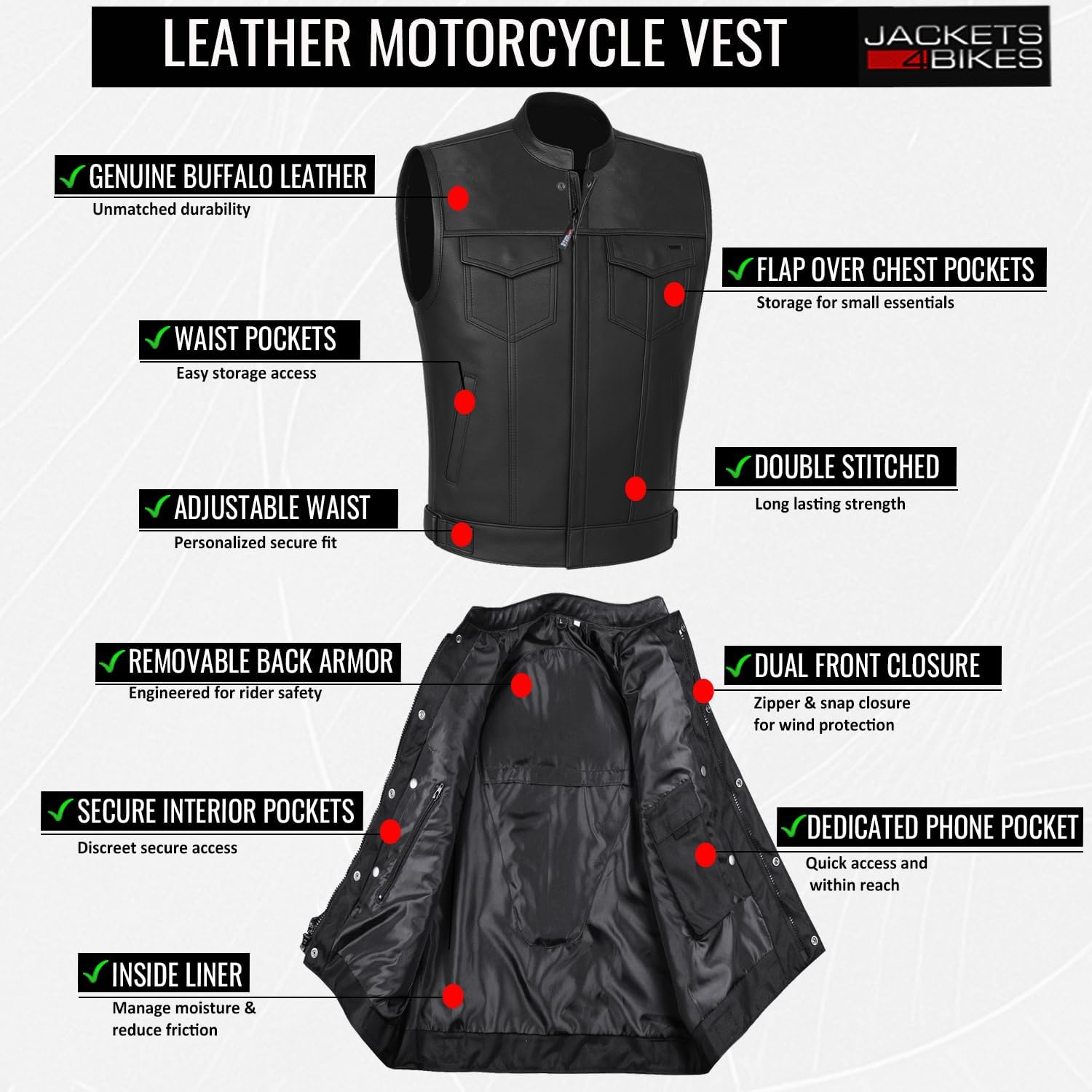 SOA Motorcycle Vest for Men, Premium Buffalo Leather, Back Armor, Inside Pockets, Biker Riding Club Vests, All Season - Image 6