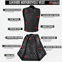 Vista 5 de SOA - Chaleco de motocicleta para hombre, piel de búfalo de alta calidad, armadura trasera, bolsillos interiores, chalecos de club de motociclista