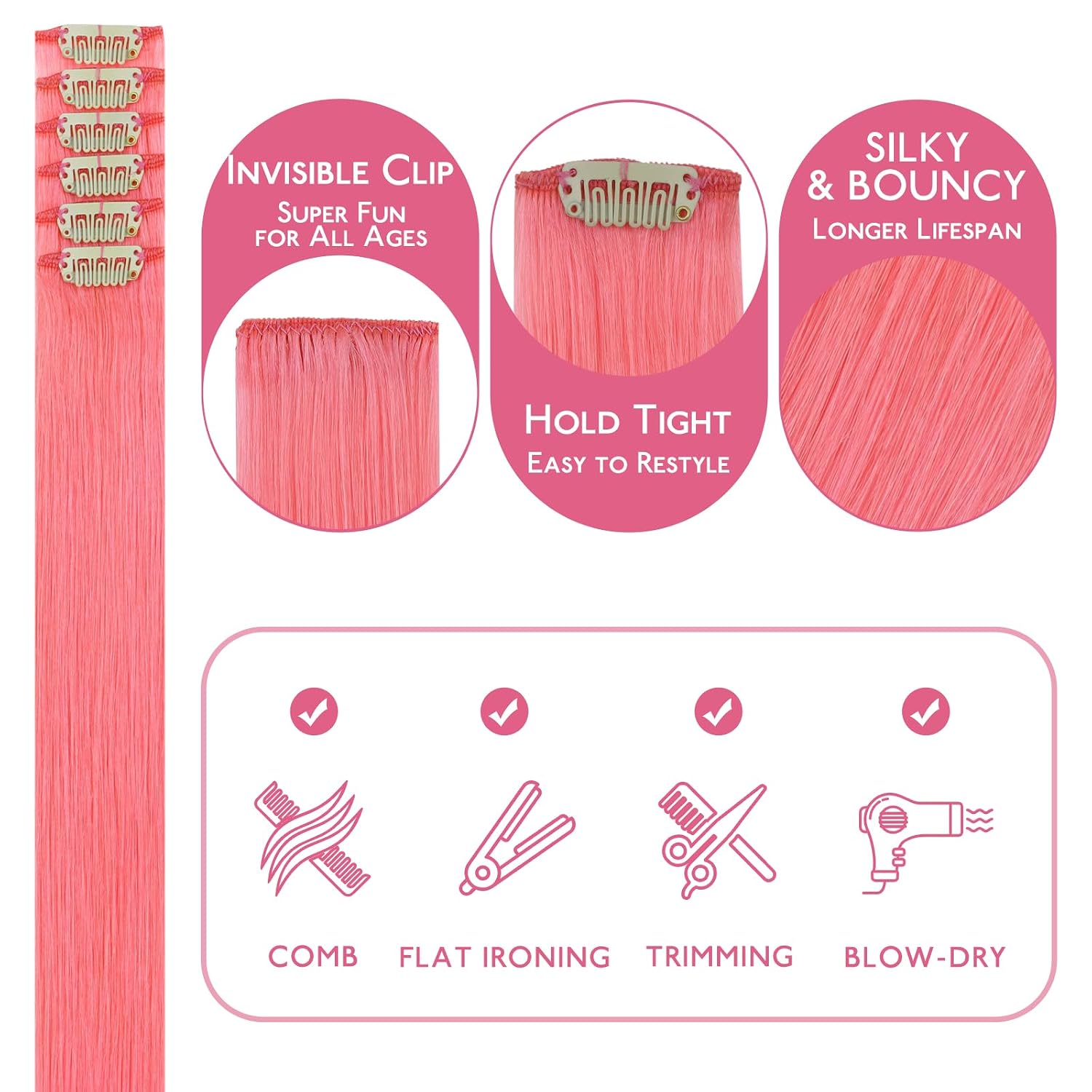 WENNALIFE Light Pink Clip in Hair Extensions Real Human Hair 35g 6pcs 20 Inch Colored Hair Extensions for Kids Women Colorful Hair Pieces Pop-up Style Straight Extensiones De Cabello Humano Con Clip