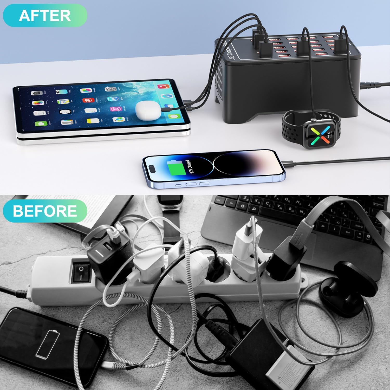 Charging Station for Multiple Devices,125W 25 Ports Multi USB Charger Stations for iPhone, Cell Phone, iPad, Tablet, Apple Watch and Other Electronic, Multiple USB Power Charging Dock for Home Family