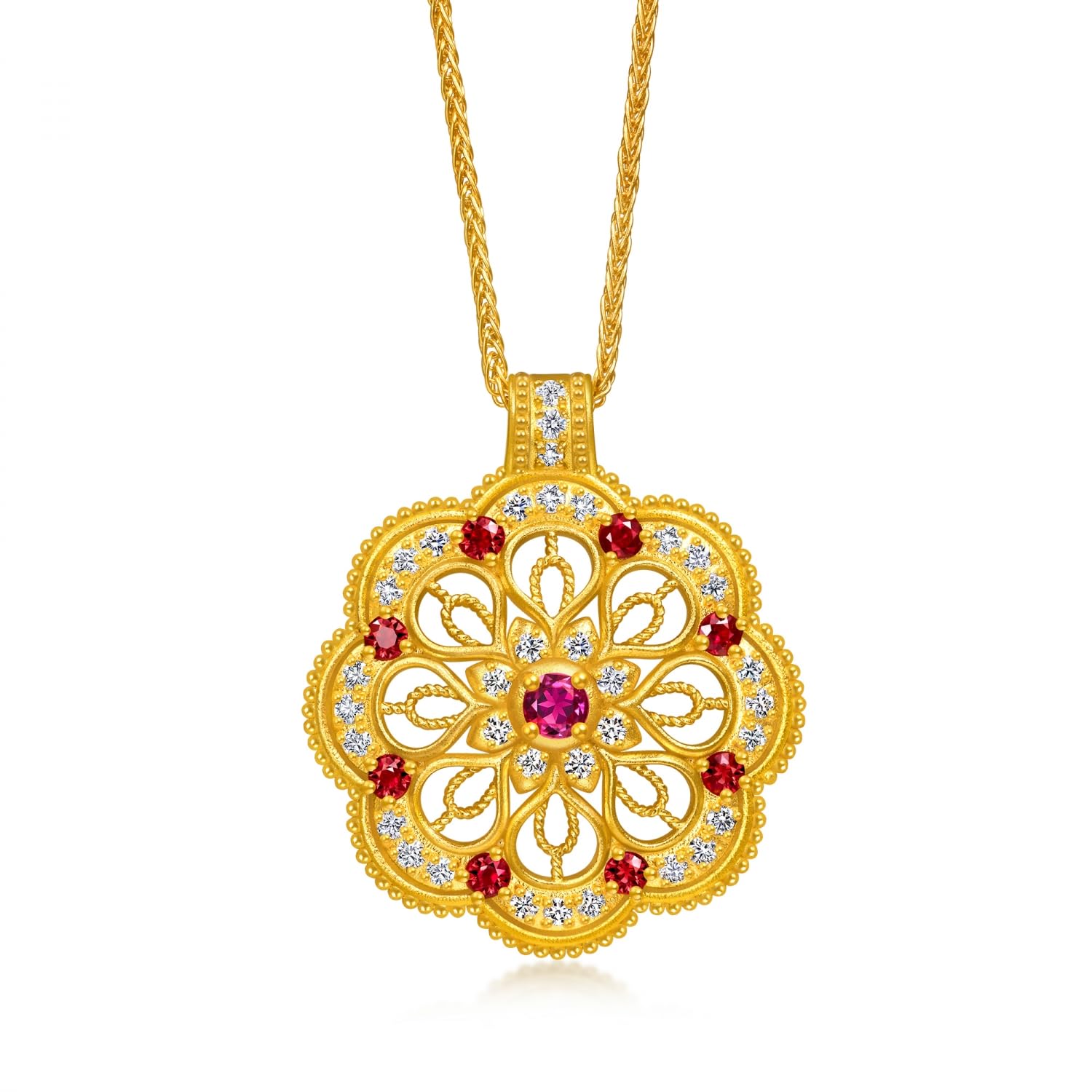 CHOW SANG SANG 999 24K Gold Cultural Blessings Buddhist Mandala Diamond Necklace with Ruby for Women 47cm 95823N