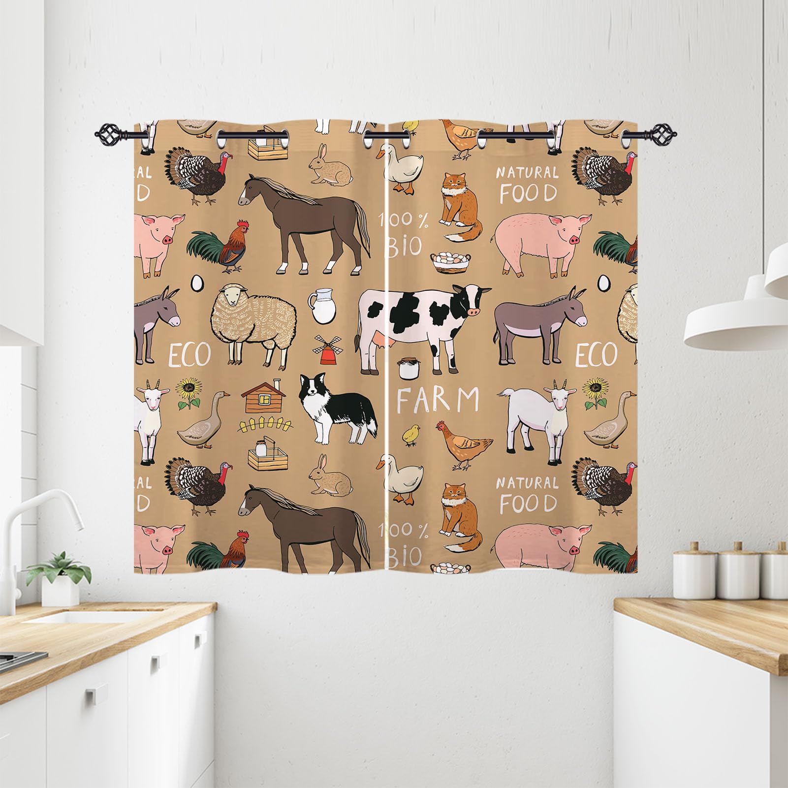 ANHOPE Farm Animal Curtains Eyelet Thermal Insulated Blackout Curtains Cow Sheep Horse Pig Chicken Duck Rabbit Cat Print Pattern Ring Top Drapes for Bedroom Living Room 28 x 54 Inch Drop 2 Panels — image 1