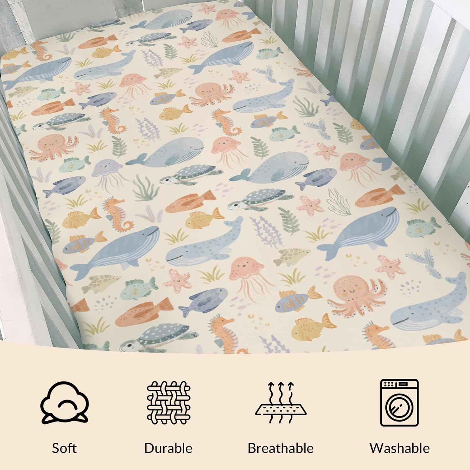 Watercolor Sea Animals Baby Boys Girls Crib Sheets Coastal Whale Shark Turtle Seahorse Crib Sheet Marine Ocean Animals Fitted Crib Mattress Cover for Standard Crib Toddler Mattresses 52"x28"