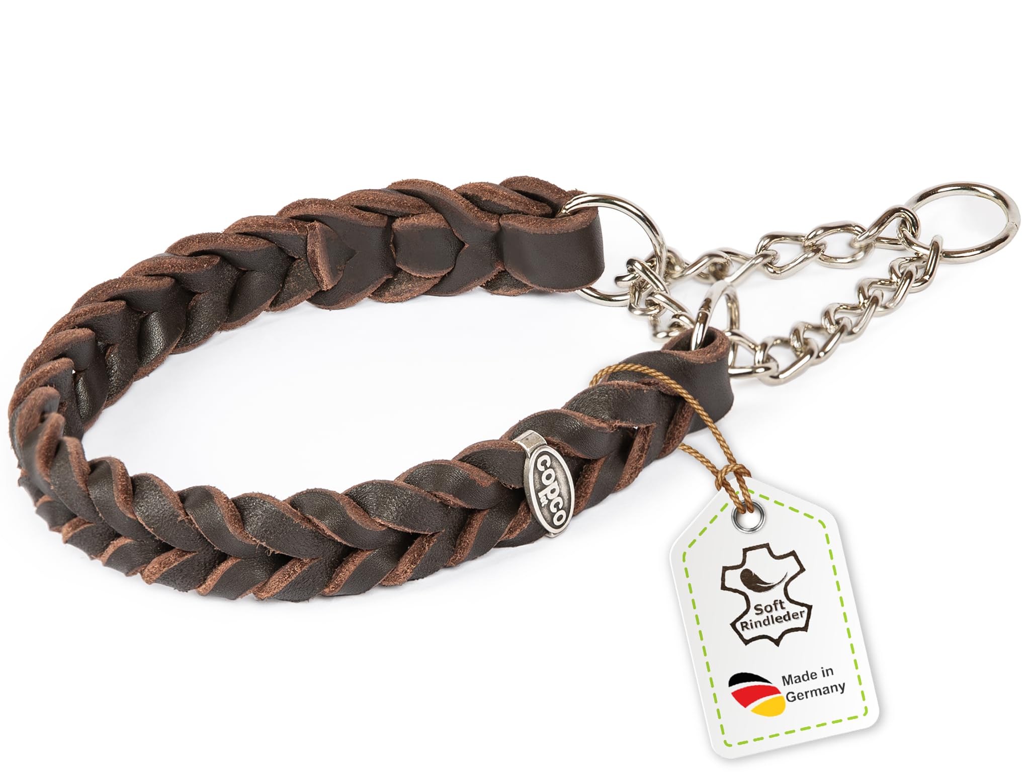 CopcoPet – Collare in pelle grassa intrecciato con catenina, marrone, 60 – 65 cm x 25 mm