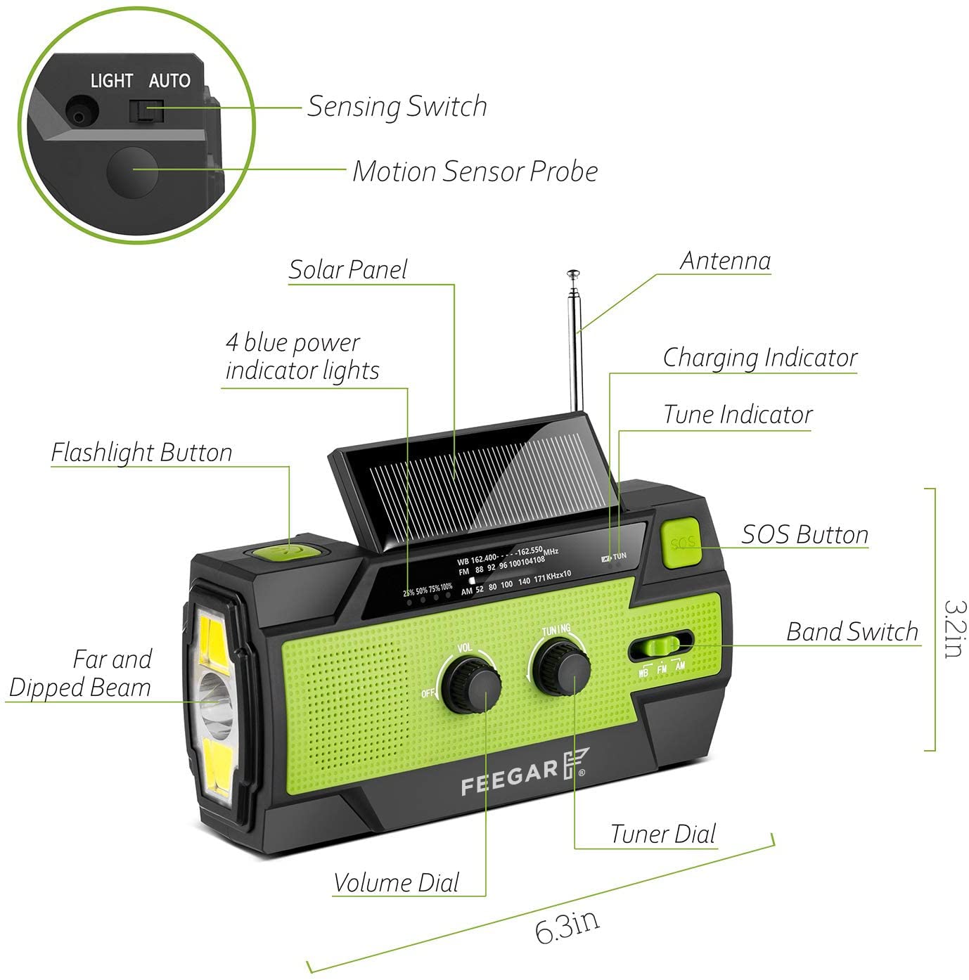 Radio solar de emergencia Feegar Oze 2 Pro radio de manivela para situaciones de emergencia AM/FM radio de supervivencia portátil, linterna LED de 4 modos, alarma SOS, banco de energía 4000mAh