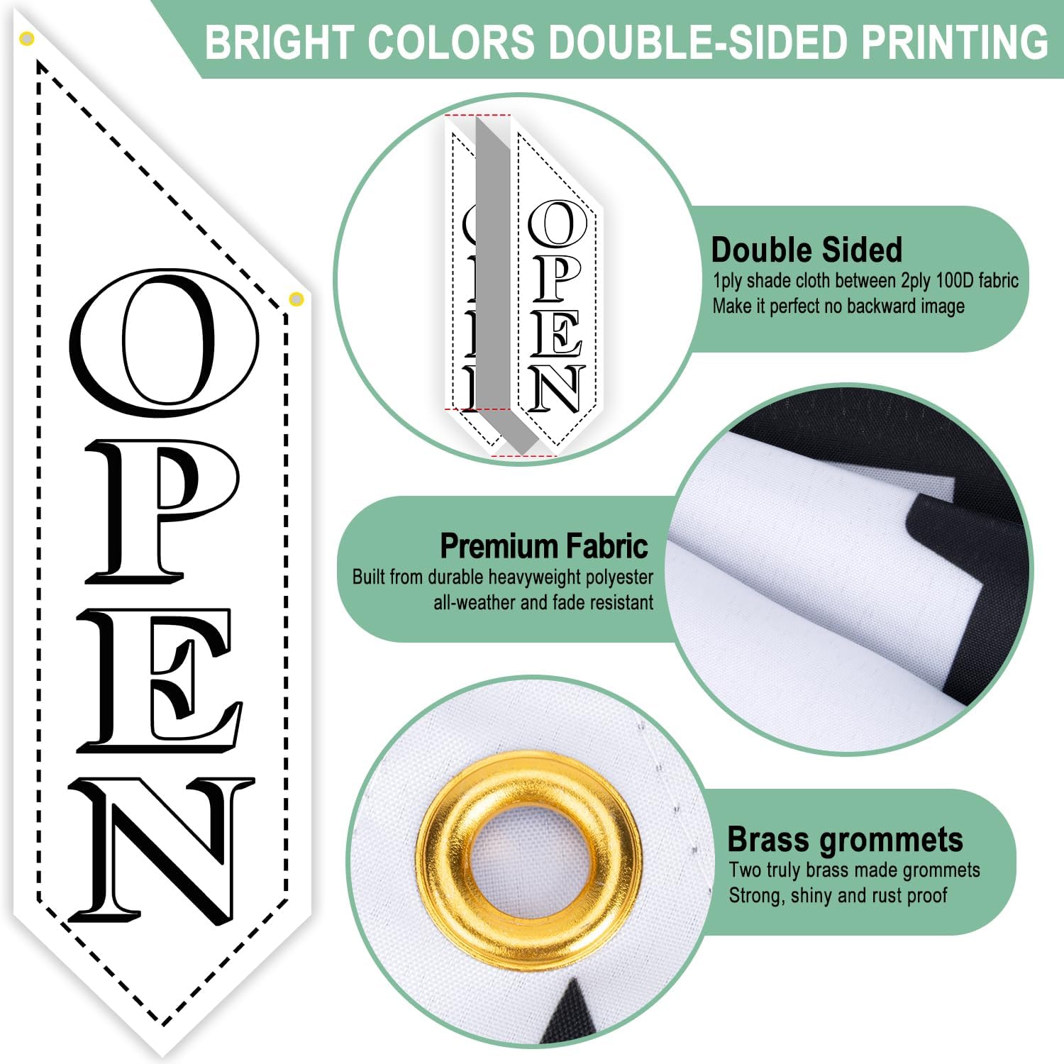 XIFAN Open Flag with Pole Kit – 42x12 Inch Vertical Double-Sided Banner with 2.4FT White Metal Pole and Wall Bracket – Storefront Sign for Business, Retail, Shops