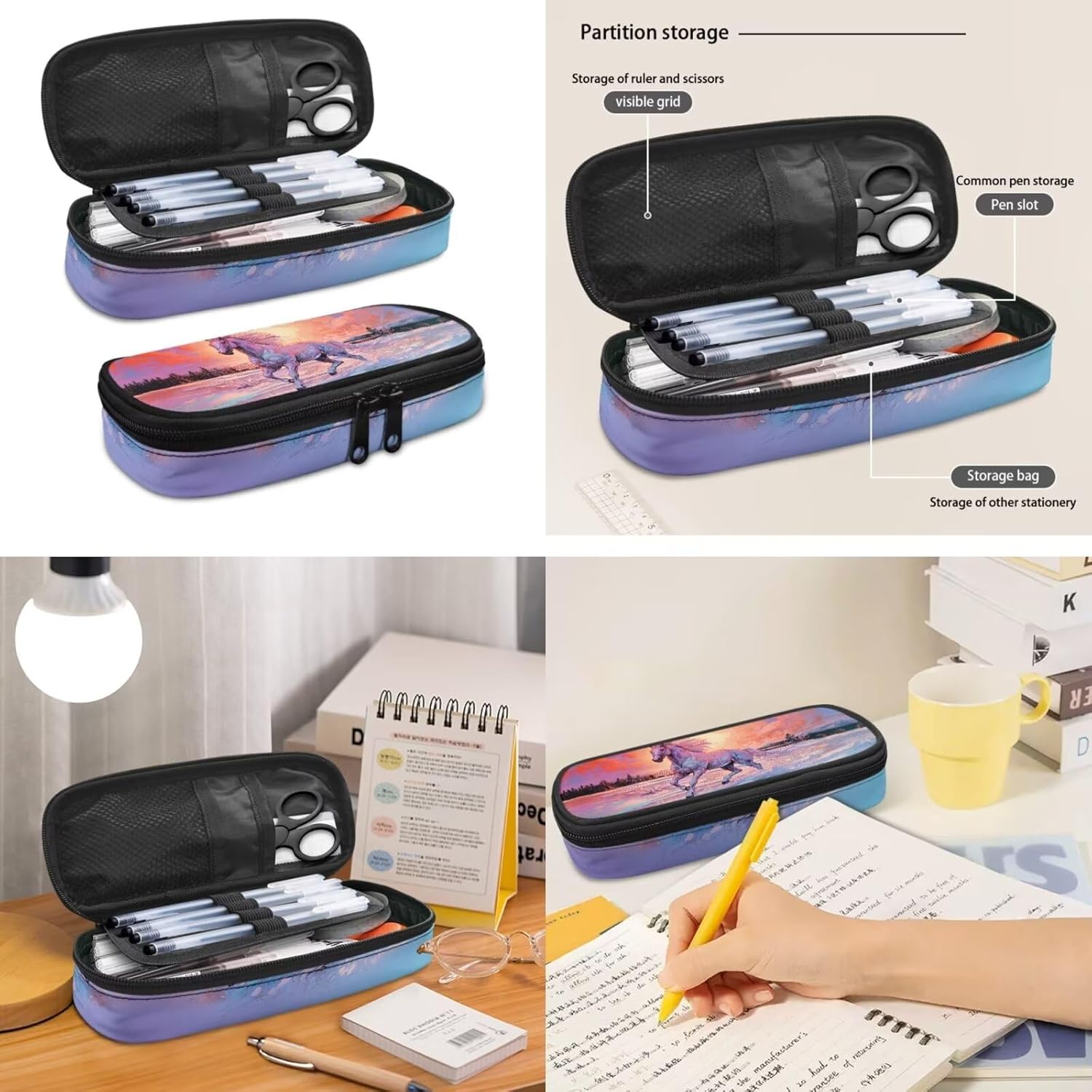 Student Reusable Backpack Set for Elementary Middle Schools, Horse Sunset Backpack Kids School Bookbags with Lunch Box Pencil Case Lightweight for Girls Boys