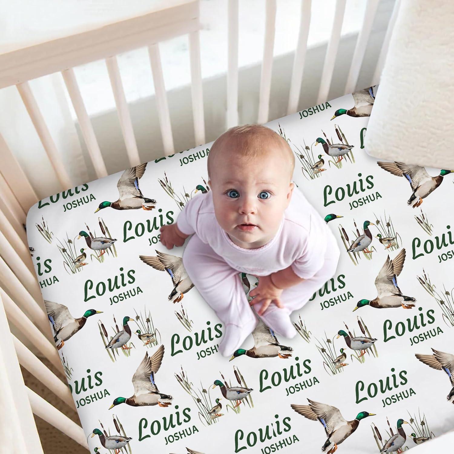Personalized Crib Bedding Set with Name for Girl, 2 Pcs Wild Ducks Custom Name Baby Crib Sets for Toddler Kids - Comforter Nursery Bedding Set for Baby Boys, Baby Crib Sets Customized Gift
