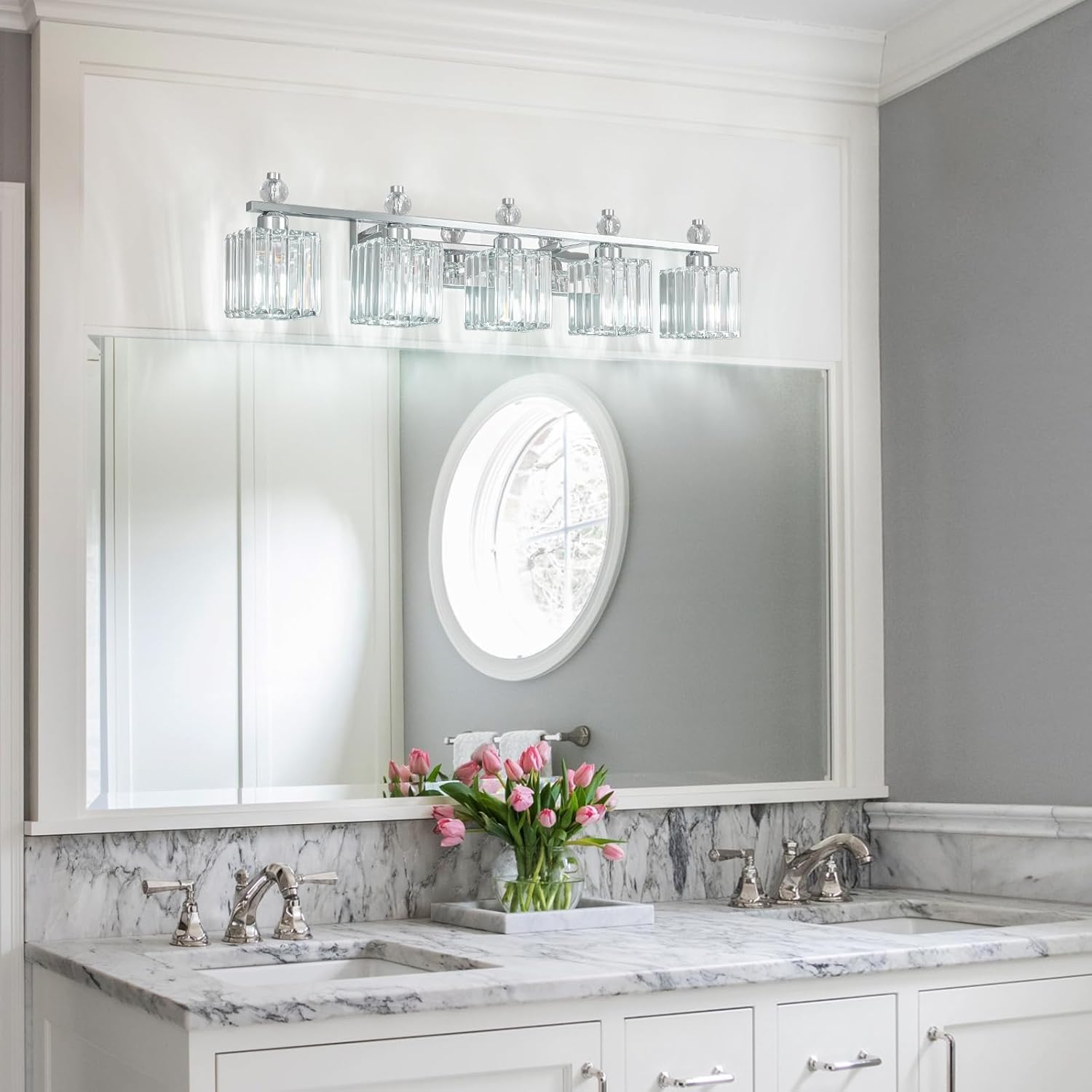 Vanity Lights 5-Light Modern Crystal Vanity Light Chrome Bathroom Light Fixtures Over Mirror Crystal Bathroom Vanity Lighting Fixtures