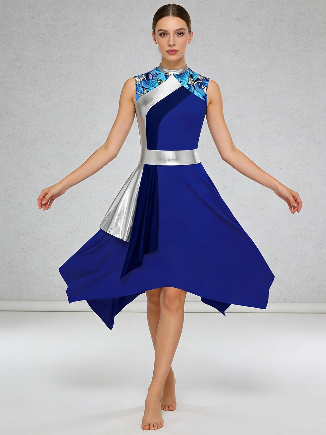 JEATHA Women Praise Dance Dress Church Liturgical Lyrical Costume Color Block Printed Irregular Flowy Skirt Dress