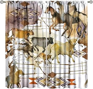 American Cowboy Blackout Curtains, Running Horse Wild West Watercolor Tr...