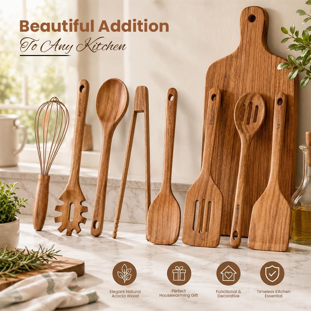 Wooden kitchen Utensils Set 8 Pcs, Kitchen Utensils Set with Wooden Spoons for Cooking, Heat Resistant Wooden Cooking Utensils, Durable Cooking Spoons & Spatula for Nonstick Cookware