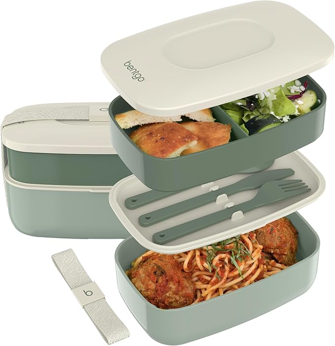 Bentgo Classic - Adult Bento Box, Stackable 3-Compartment Lunch Box with Removable Utensil Set and Sealing Strap, BPA-Free, Food Container Ideal for Meal Prep, Work, and On the Go (Khaki Green)