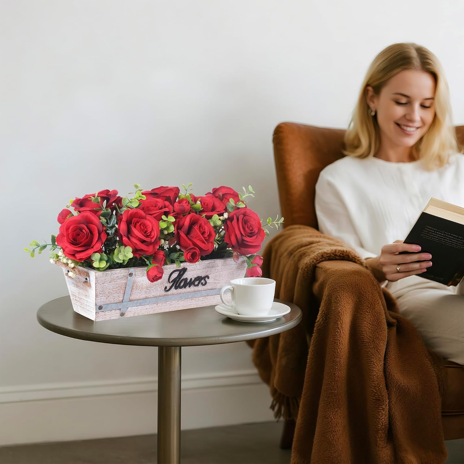 Centerpiece Table Decorations Rustic Wood Tray with 3 Artificial Red Rose Flowers and Fake Eucalyptus for Dining Room Farmhouse Living Room Kitchen and Coffee Table Décor - Image 3