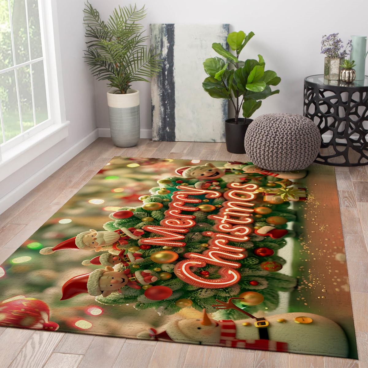 Wesołych Świąt Bożego Narodzenia 90 x 180 cm Dywan Kolorowe Bombki Boże Narodzenie Wzór Świętego Mikołaja Przytulne Dywany Podłogowe Zmywalne Pod Stos do Salonu i Sypialni
