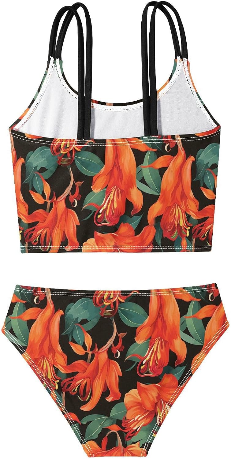 visesunny Girls Two Piece Swimsuits Red Lily Leaf Pattern Girl's Bikini Sets Bathing Suits for Girls Size 5-12Y