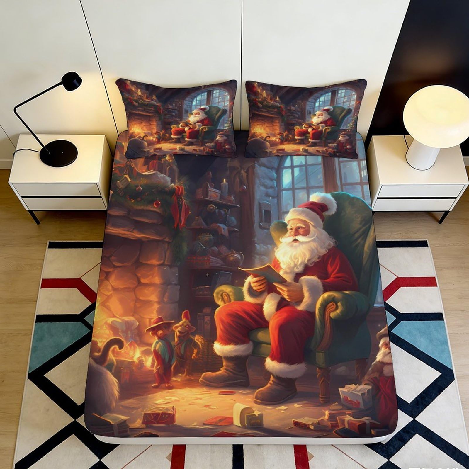 3D Printed Cozy Christmas Night Fitted Sheet Microfiber Soft Breathable Santa Claus Fireplace Mattress Cover for Bedroom Guest Room Decor 90x200x25cm