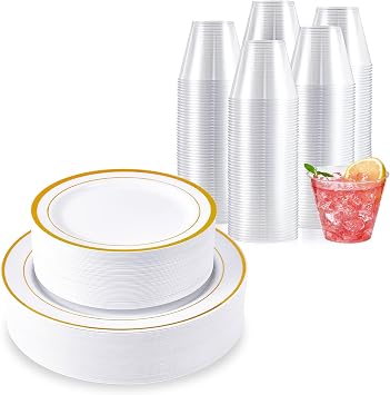 Gold Plastic Plates 100 Pack with 10 in Dinner Plates 50 Pack, 7 in Salad Plates 50 Pack and 9 OZ Plastic Cups 300 Pack