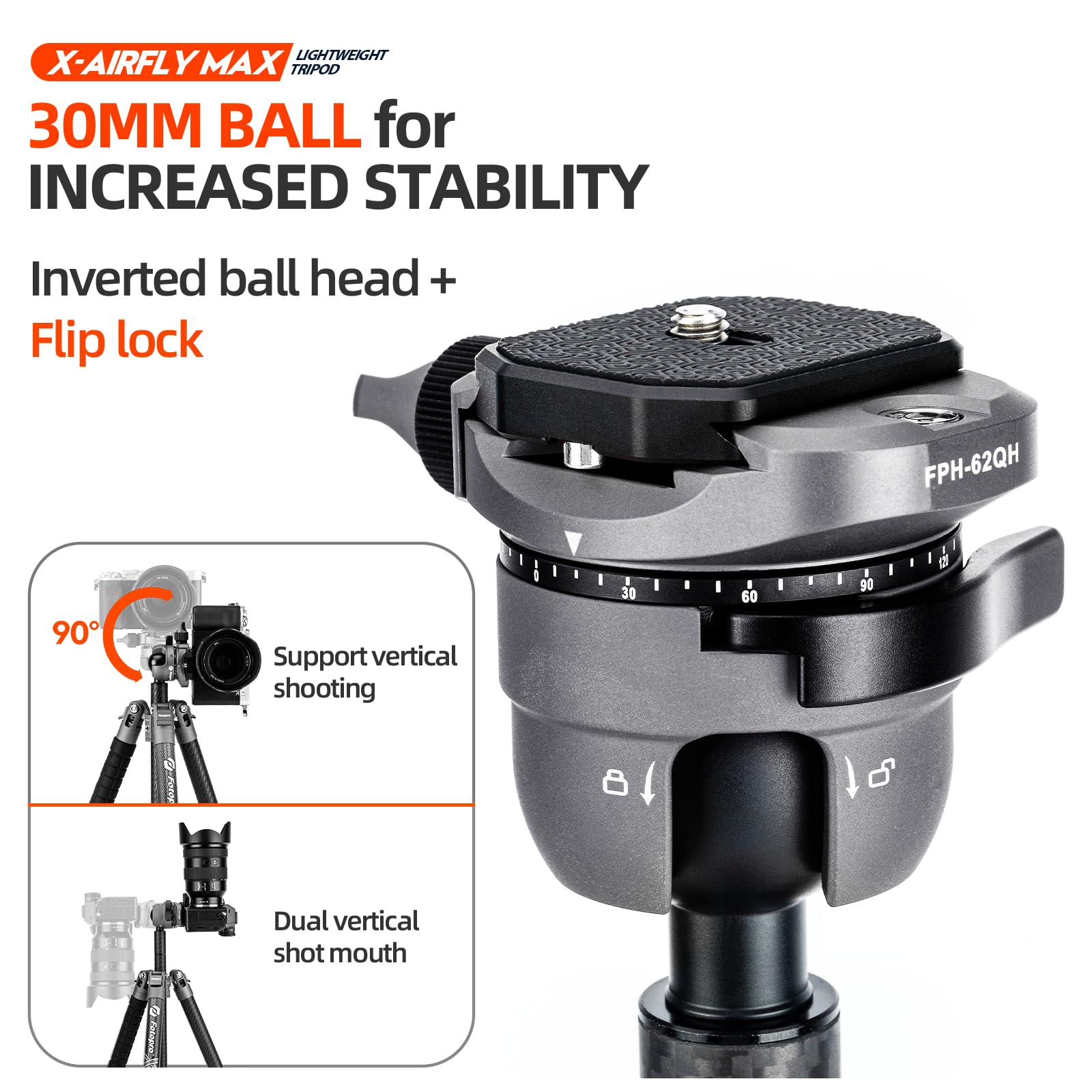 Fotopro X-AIRFLY Max Trípode de fibra de carbono de 65.4 pulgadas con bloqueo abatible, trípode de fotografía sin esfuerzo, monopié, ligero, estable, expandible, 3 libras, trípode portátil para cámara