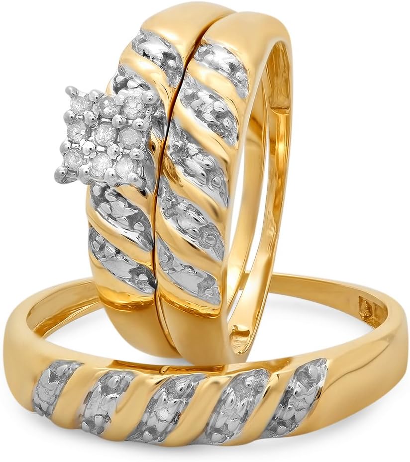 Dazzlingrock Collection 0.09 Carat (ctw) 10K Round White Diamond Men's & Women's Engagement Ring Trio Bridal Set, Yellow Gold