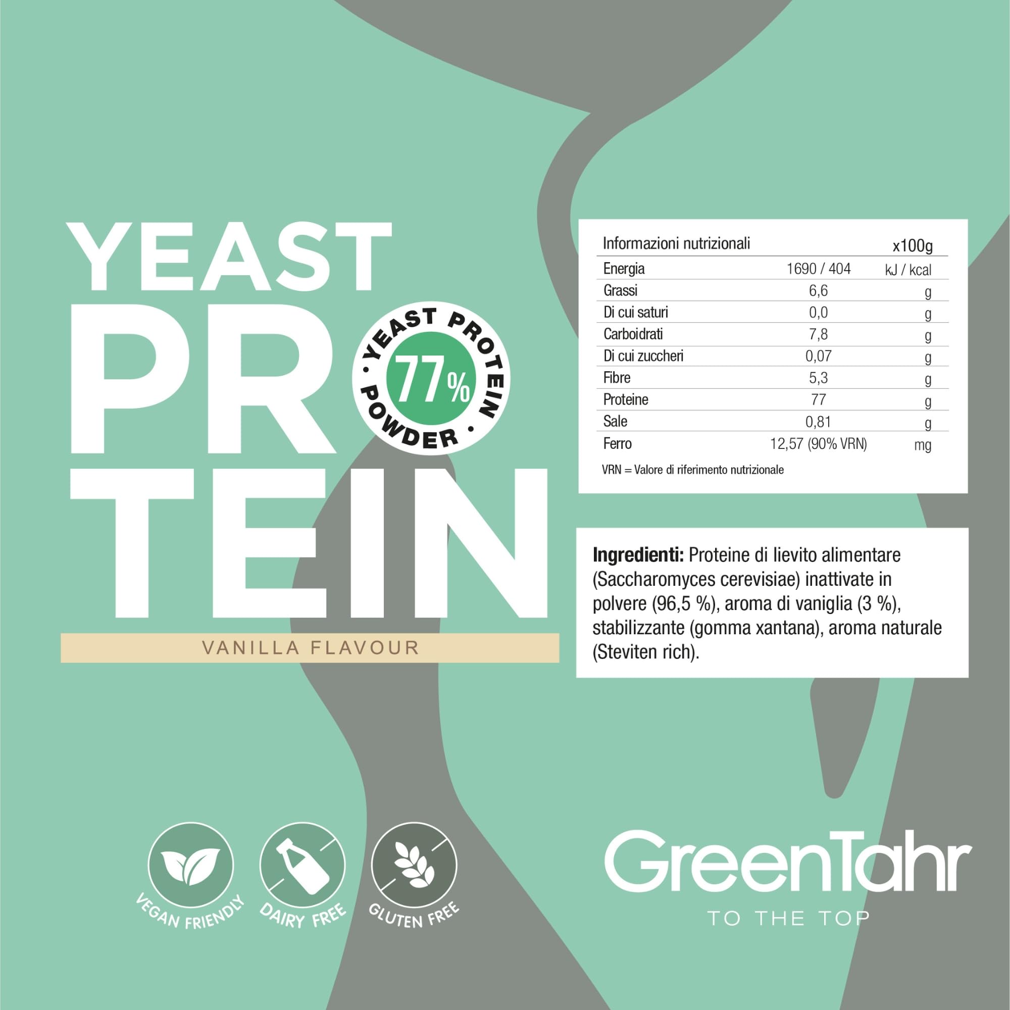 Green Tahr Proteine Vegane in Polvere di Lievito Nutrizionale Inattivo con Aroma di Vaniglia 750g. 77% Proteine per Aumento Massa Muscolare, Origine Non Animale, Senza Zucchero Aggiunto né Glutine
