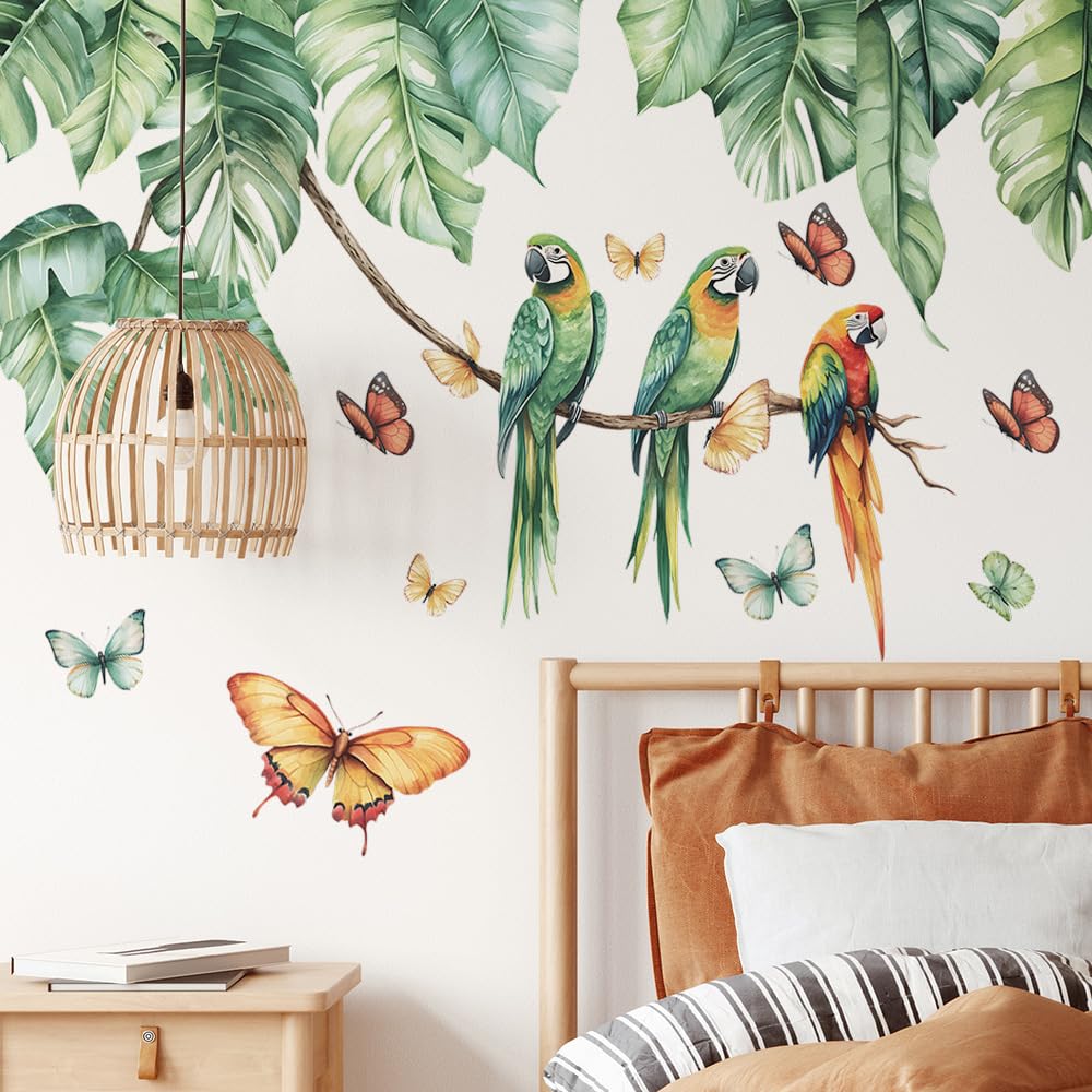 MEFOSS Watercolor Palm Leaves Wall Decals Tropical Birds Wall Stickers Green Plants Hanging Vines Flower Wall Stickers Living Room Kids Bedroom Office
