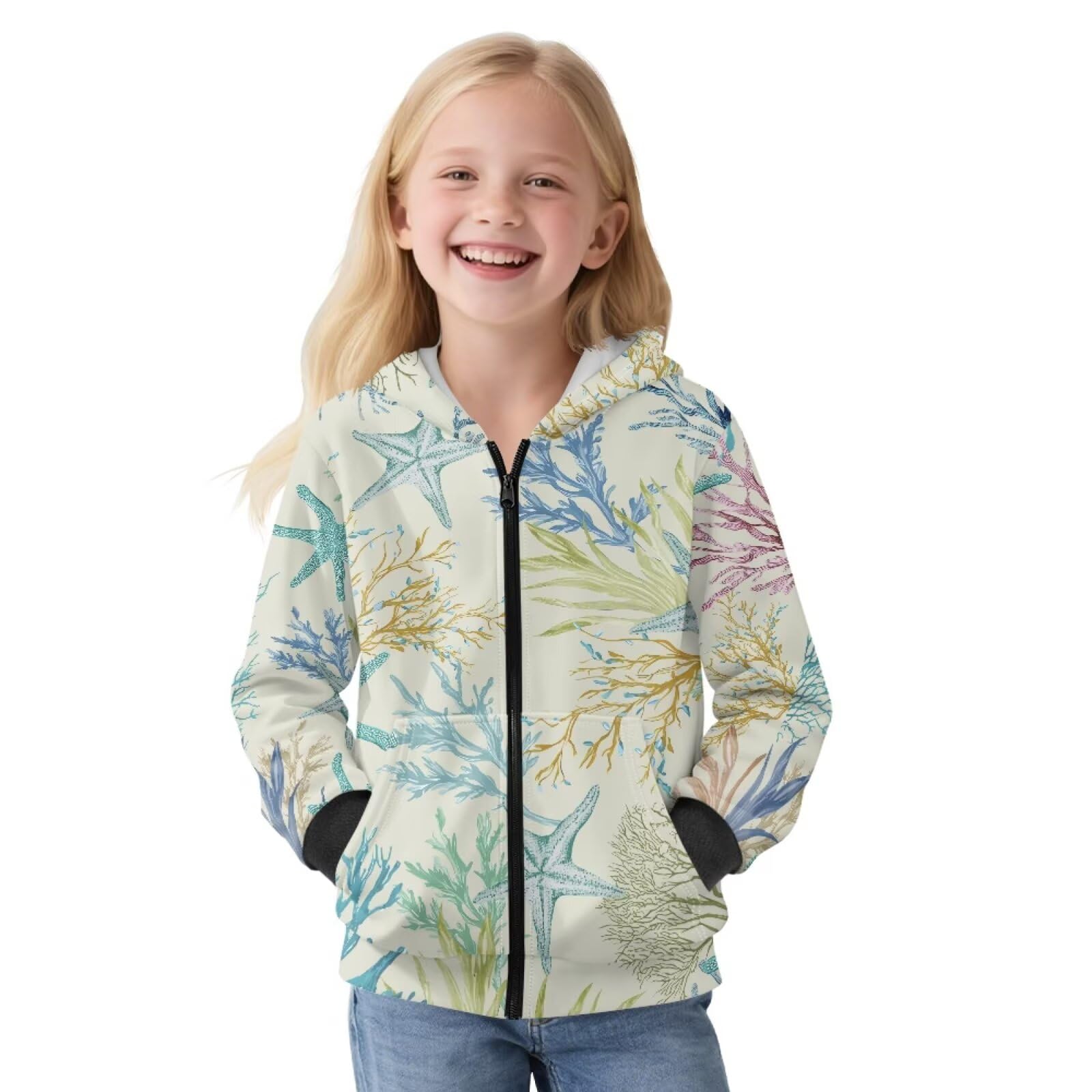 Retro koral rozgwiazda nadruk dzieci bluzy z kapturem z długim rękawem bluza kurtki z podszewką z polaru jesienne ubrania zimowe bluzy top dla chłopców dziewcząt, S